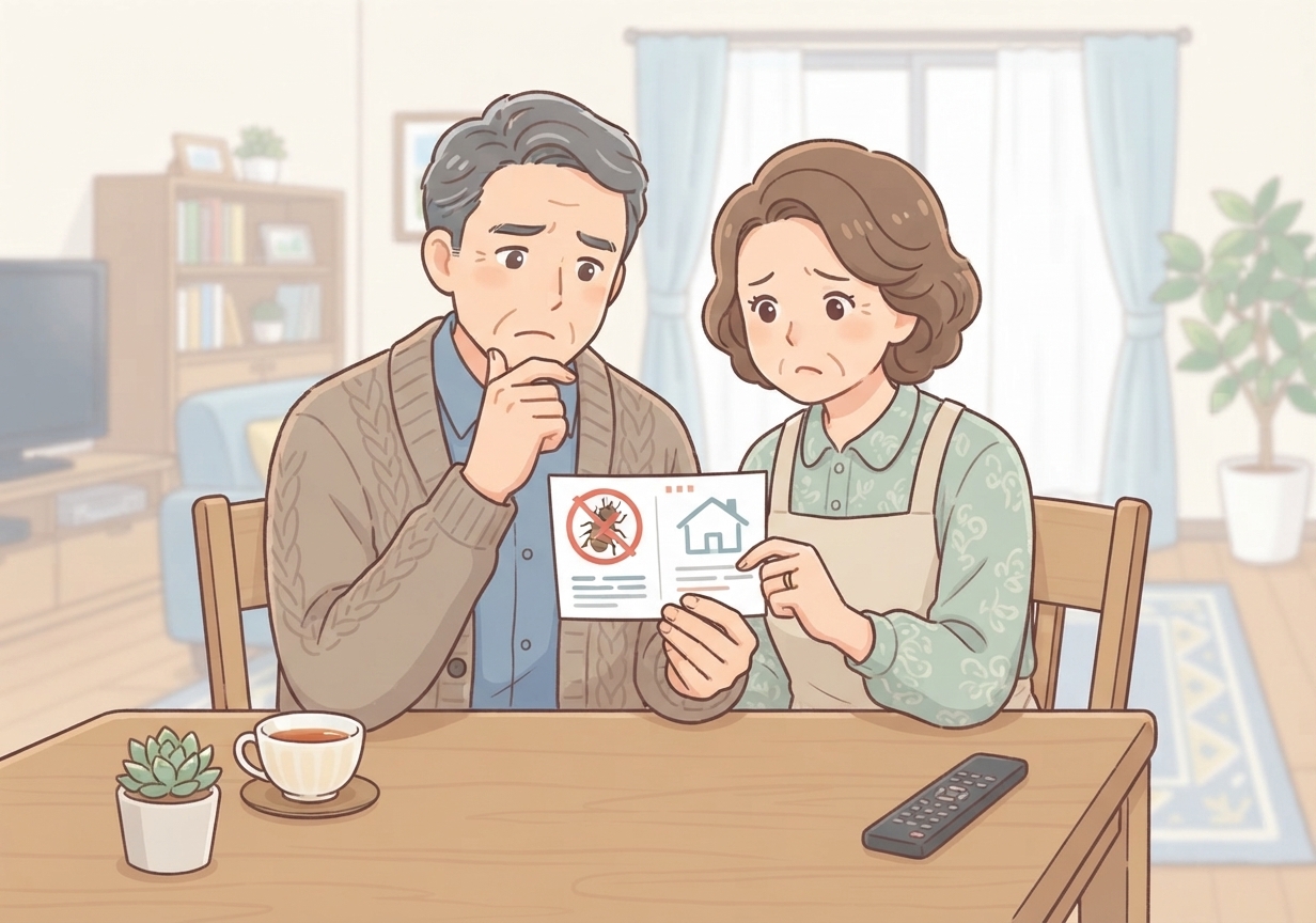 シロアリ予防の案内はがきを手に、考え込む夫婦の様子
