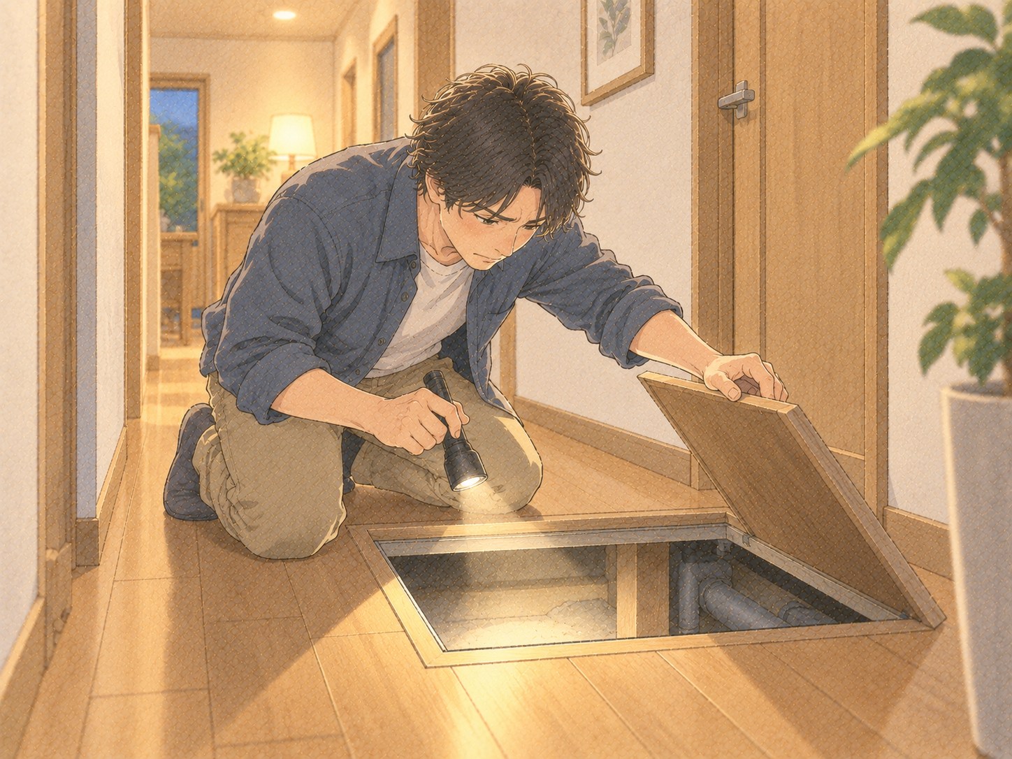 床下点検口から懐中電灯で照らして覗き込む様子