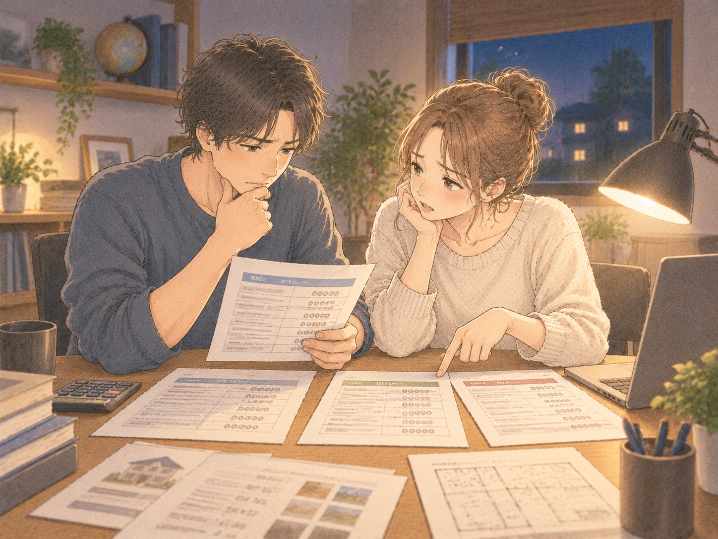 見積書を前に、複数の業者を比較検討している施主夫婦の様子