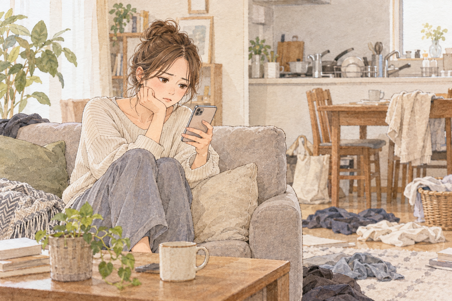 散らかった部屋の中、スマホでSNSの「丁寧な暮らし」投稿を眺めて複雑な表情をしている女性