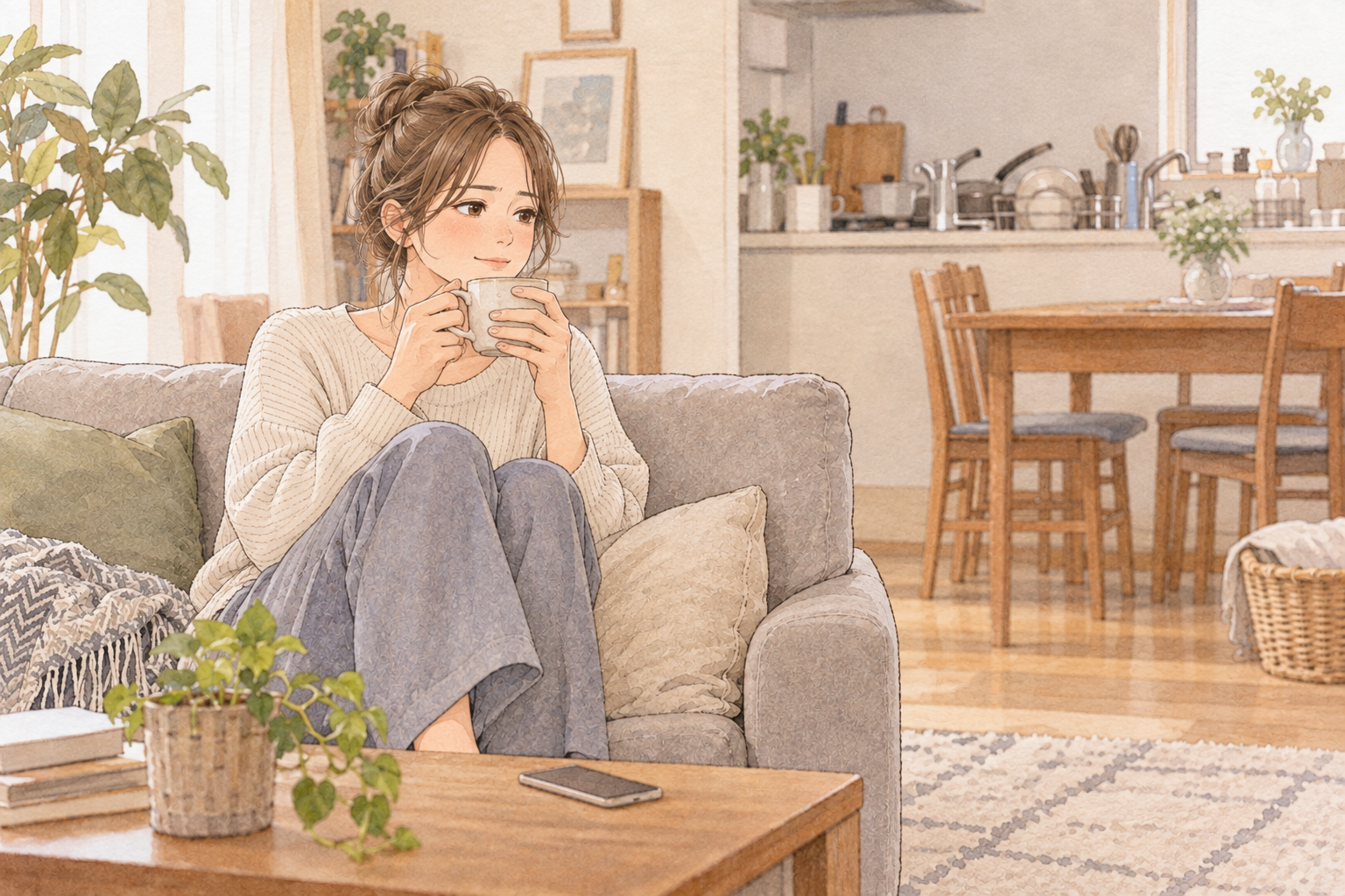 片付いた部屋で、好きなカップでコーヒーを飲みながらくつろいでいる女性