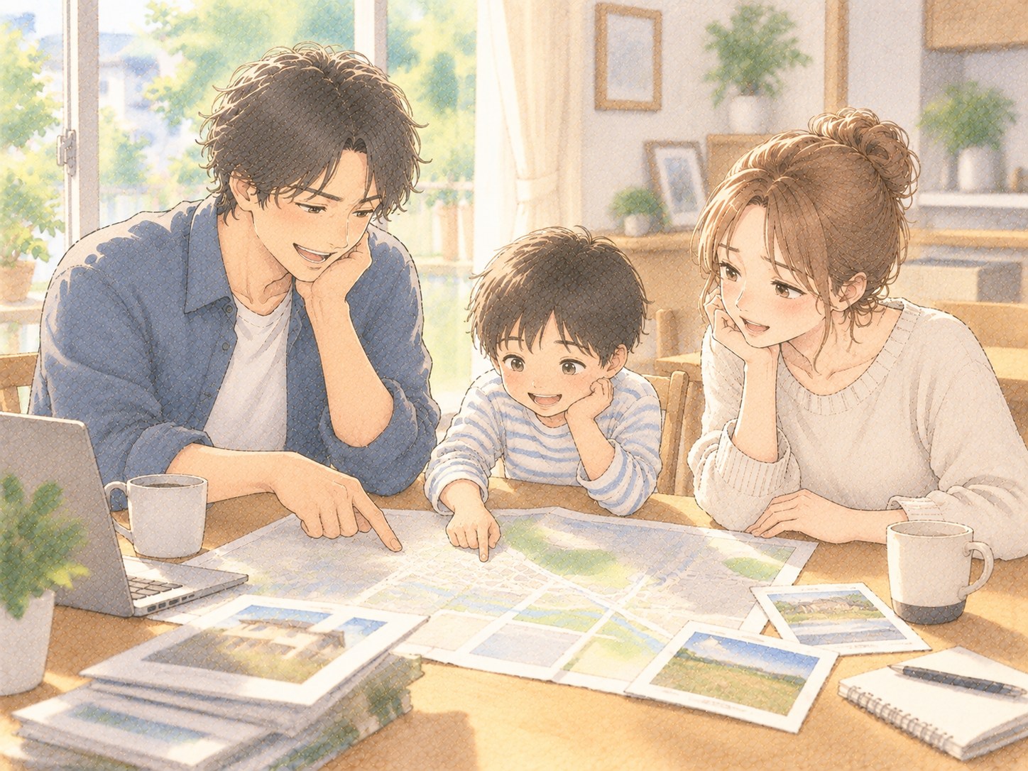 テーブルに地図や資料を広げ、家族で土地について話し合っている様子
