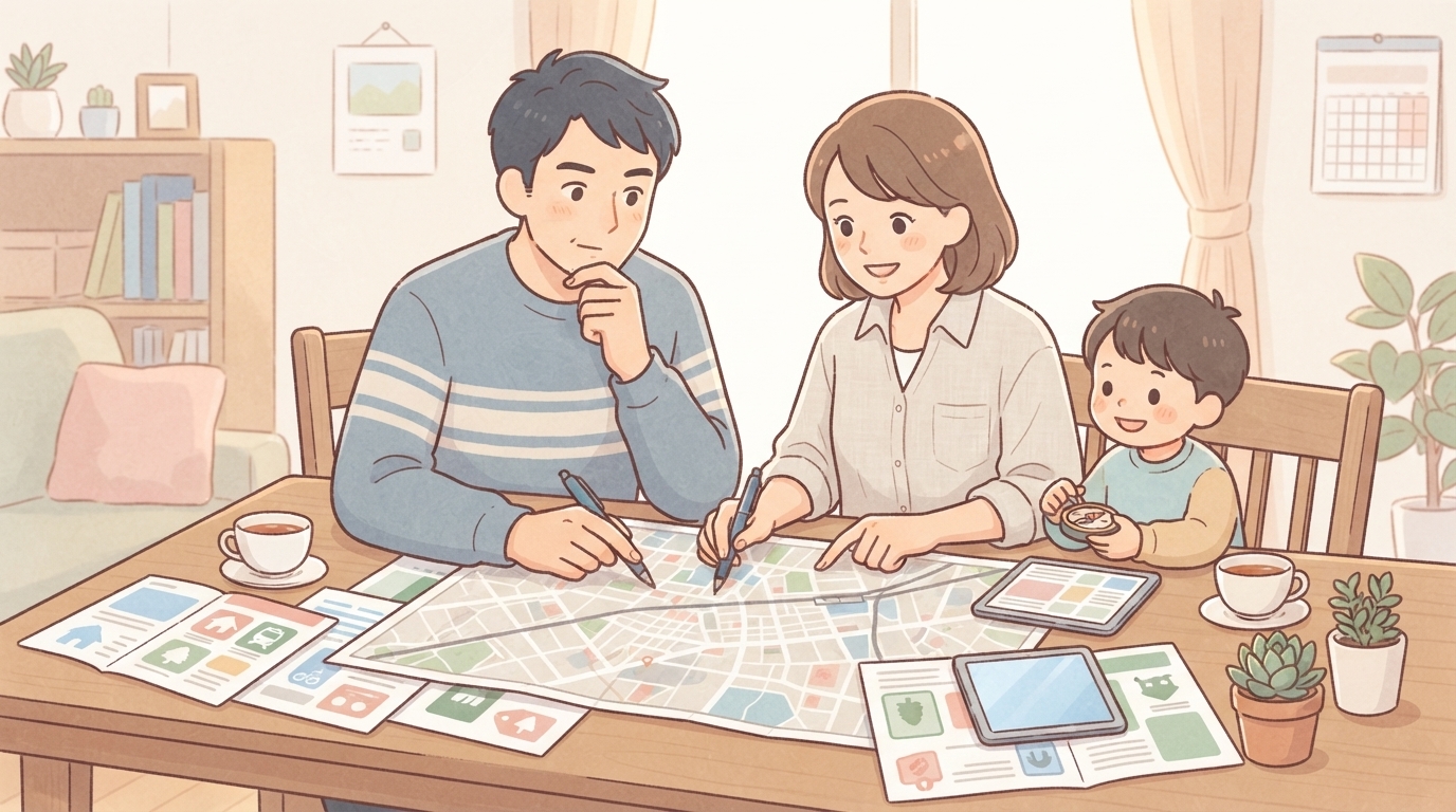 テーブルに地図や資料を広げ、家族で土地について話し合っている様子