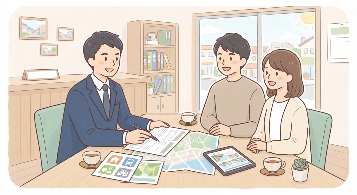 不動産会社の担当者と、笑顔で会話している施主の様子