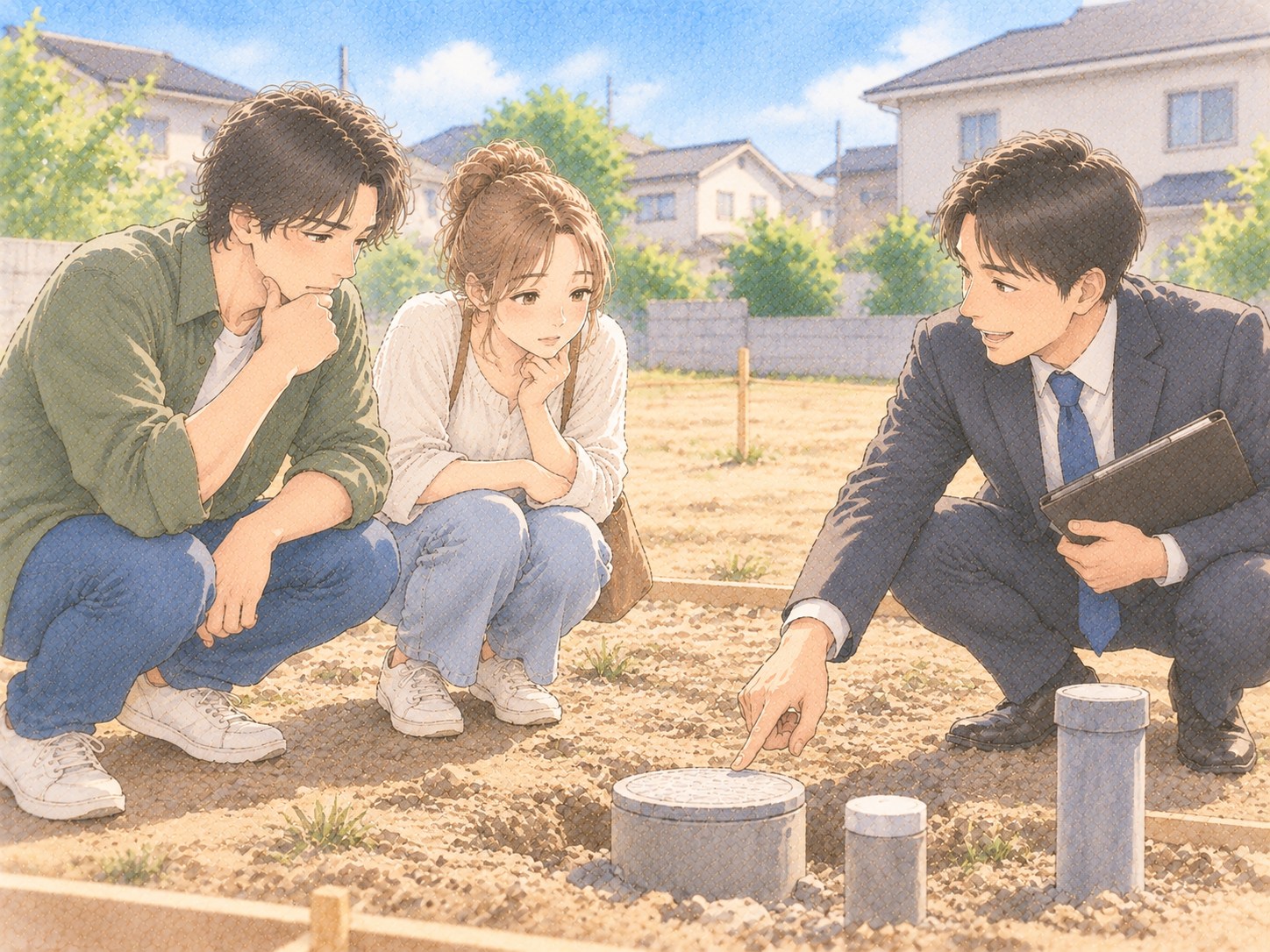 地面に埋設された配管を指しながら、施主夫婦に説明する担当者の様子