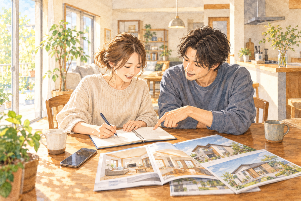 自宅のダイニングテーブルで、パンフレットを広げながらノートに知りたいことを書き出す夫婦