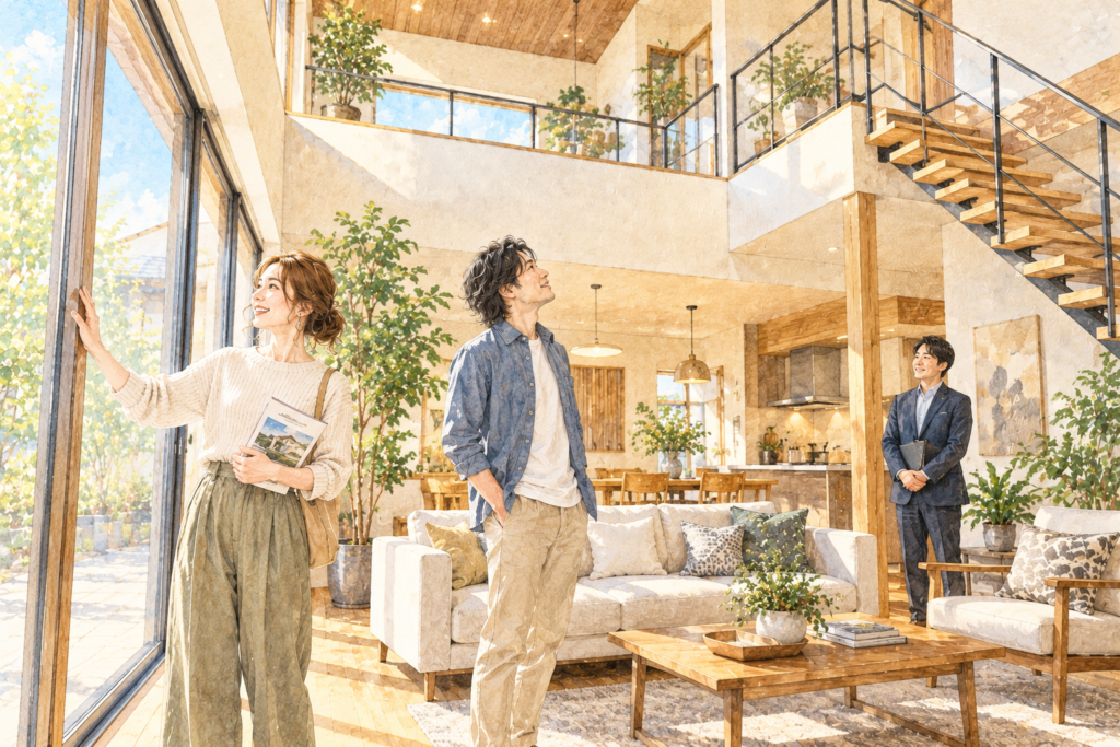 吹き抜けのある明るいモデルハウスのリビングで、窓辺に立つ妻と階段を見上げる夫を、少し離れて担当者が見守っている様子